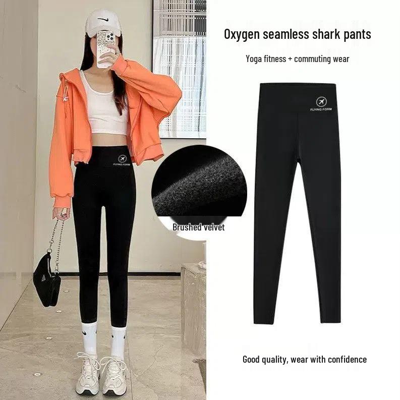 Women's High-Waisted Fleece-Lined Shark Pants - Warm Barbie Yoga Leggings for Autumn/Winter