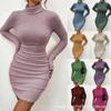 Vestido Mini Tubinho Acinturado com Pregas de Gola Alta Malha Bodycon Saia Sexy Outono/Inverno