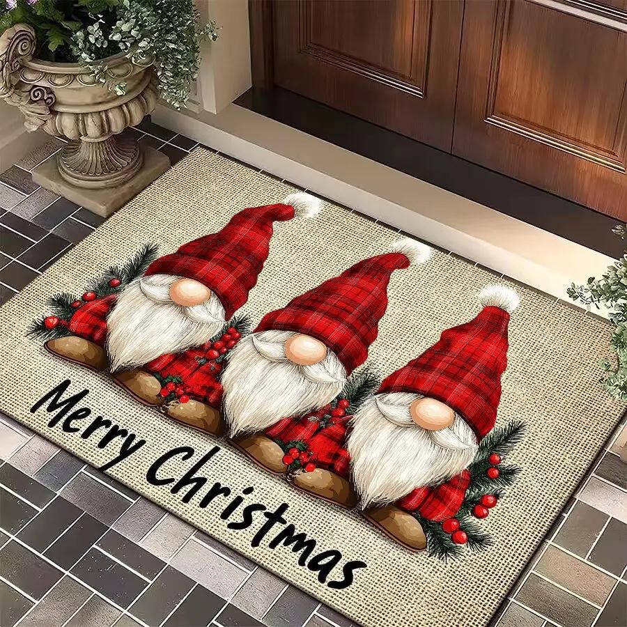 Christmas Elf Welcome Non-slip Water Absorbent Mat Rug Carpet for Bathroom Entryway Red Green Plaid Festive Home Decoration