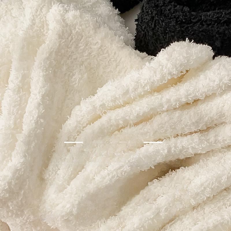 Women's Black & White Coral Fleece Mid-tube Socks - Thick, Warm, Twisted Design for Autumn & Winter
