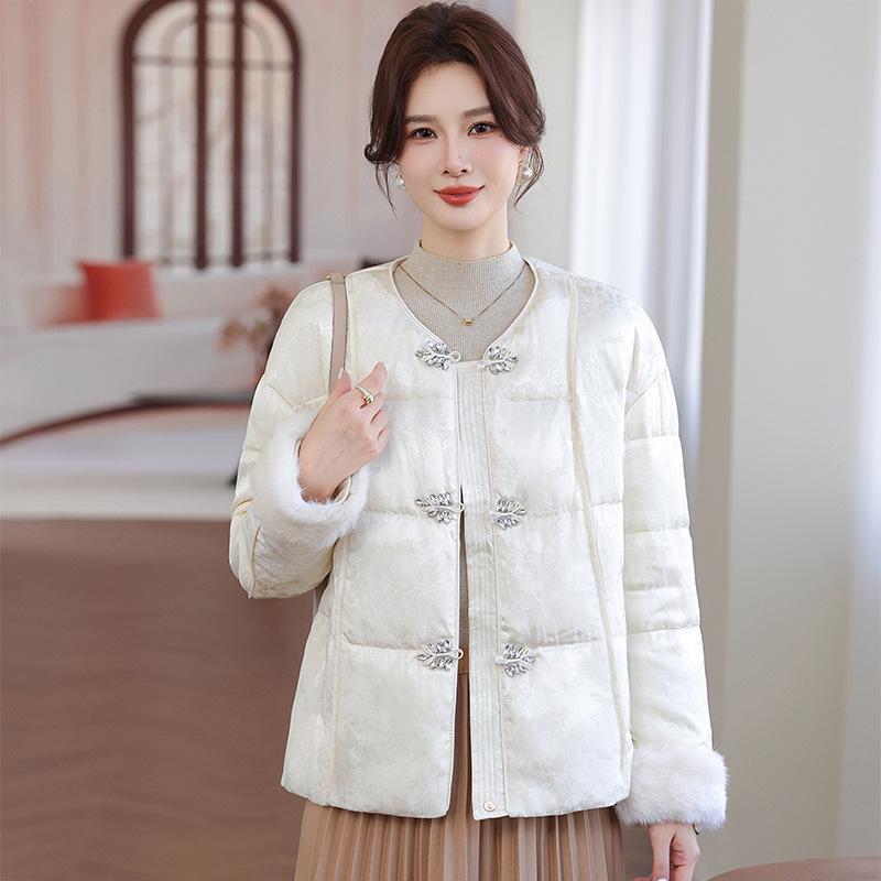 Women's 2025 Winter Jacquard Down Jacket - New Chinese Style, High-End Patchwork, Short, White Duck Down.