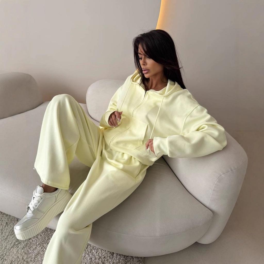 VAYLA Y2K Sportswear Women's Solid Color Long Sleeve Zippered Cardigan Hooded Sweatshirt Lace-up Trousers Two-piece Set