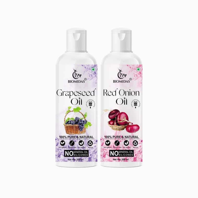 Biomidas100% Pure Grapeseed 200ML & Red Onion 200ML Combo For Rapid Hair Growth, Anti Hair Fall, Split Ends & Promotes Softer & Shinier Hair Oil(Pa