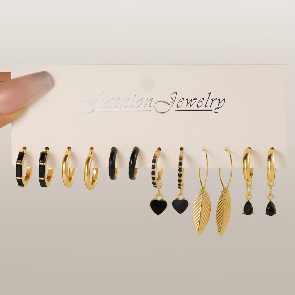 Simple 11 Pcs Black Heart  Leaf Butterfly Earrings Set for Women Fashion Temperament Hoop Earring Holiday Wedding Jewelry Gift