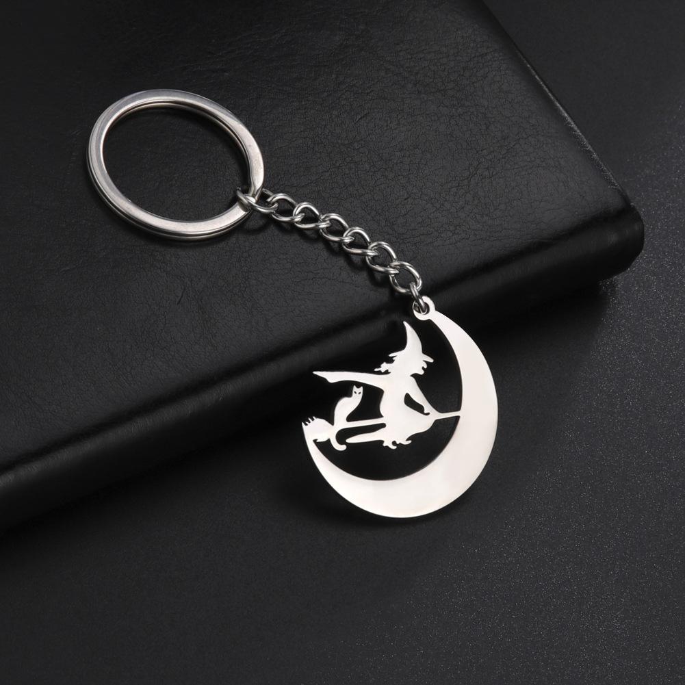 COOLTIME Halloween Cartoon Witch Cat Moon Keychain for Women Men Stainless Steel Gold Color Key Ring Holder Friends Gift Jewelry