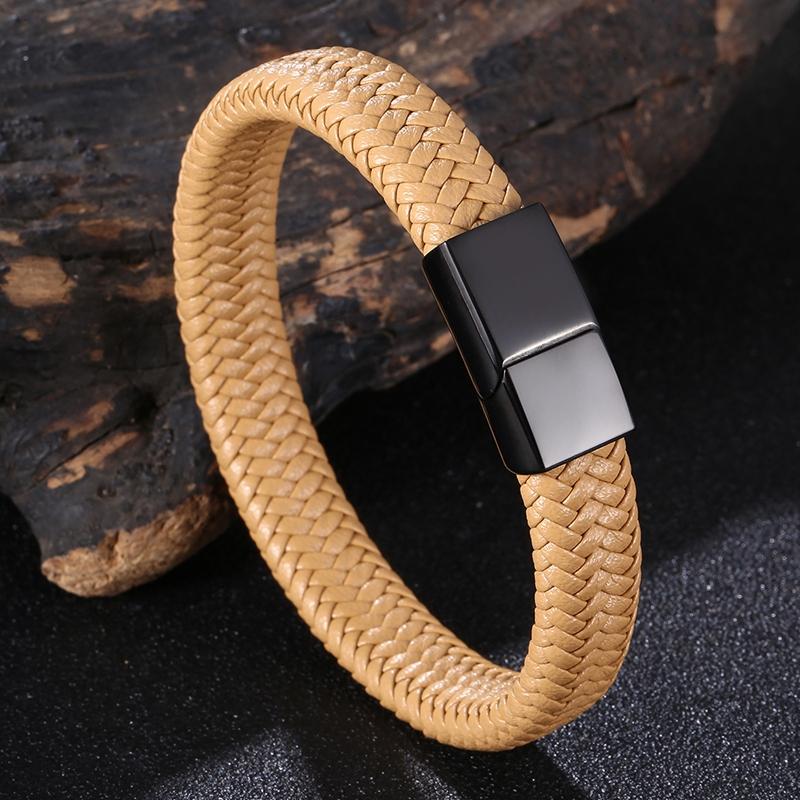 Klassisk Svart Rustfritt Stål Knapp Menn Lærarmbånd Luksus Armbånd Gave