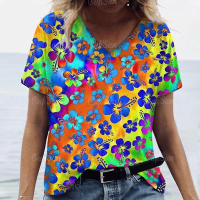 2025 Bunte Print Sommer V-Ausschnitt T-Shirts Für Damen 3D Florale Ästhetik Lässige Oversized Tops Mode Harajuku