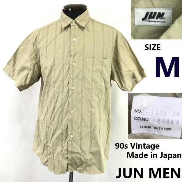 

Vintage 90s JUN MEN Short Sleeve Shirt Men s M Beige Stripe Cotton Tops Shirts(USED)