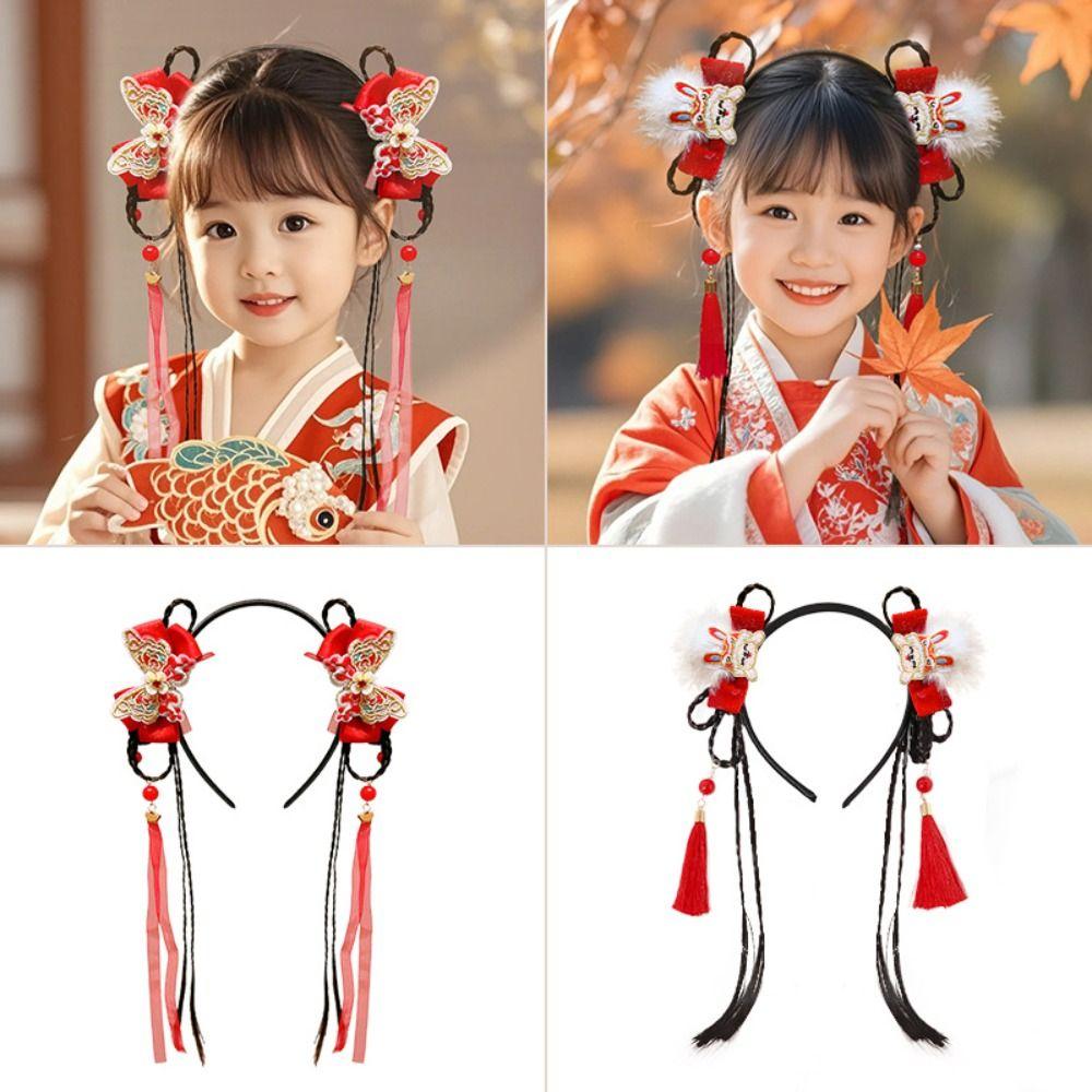 Braid Hair Chinese New Year Headwear Tassel Red Bow Hairband Simple Children Wig Headband  Children