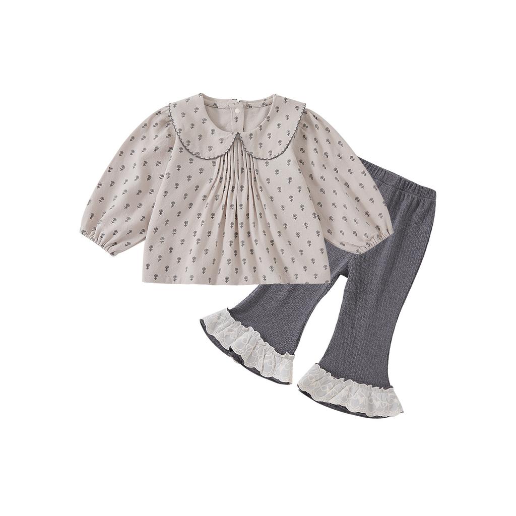 Autumn Baby Girl Fashionable All Over Print Shirt And Flare Pants Two Piece Outfit Set