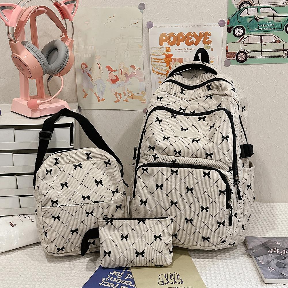 Three Piece Set Japanese Ins Bow Backpack Corduroy Large Capacity College Style Backpack Versatile Commuting Backpack