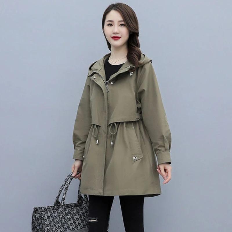 Spring and Autumn Women's Mid-length Trench Coat Hooded Zipper Tie-in Jackets British Style Loose Coats Women's Clothing