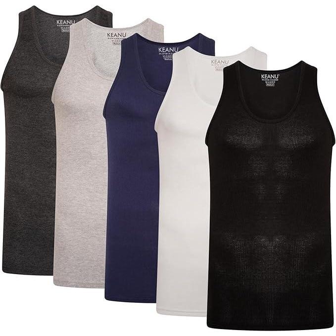 Keanu Mens Ribbed Cotton Blend Fitted Vest Top (Pack of 6)