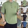 Men Top Stand Collar Chinese Vintage Style Solid Color Printed Embroidered Loose Half Sleeve Soft Plus Size Men Shirt