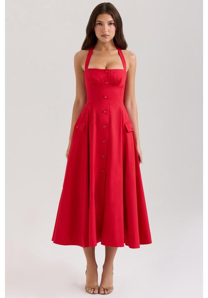 Elegant Retro Red Tie Halter Mid-Length Dress