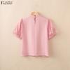 ZANZEA Women Stand Collar Loose Casual Lace Patchwork Short Sleeve Blouse