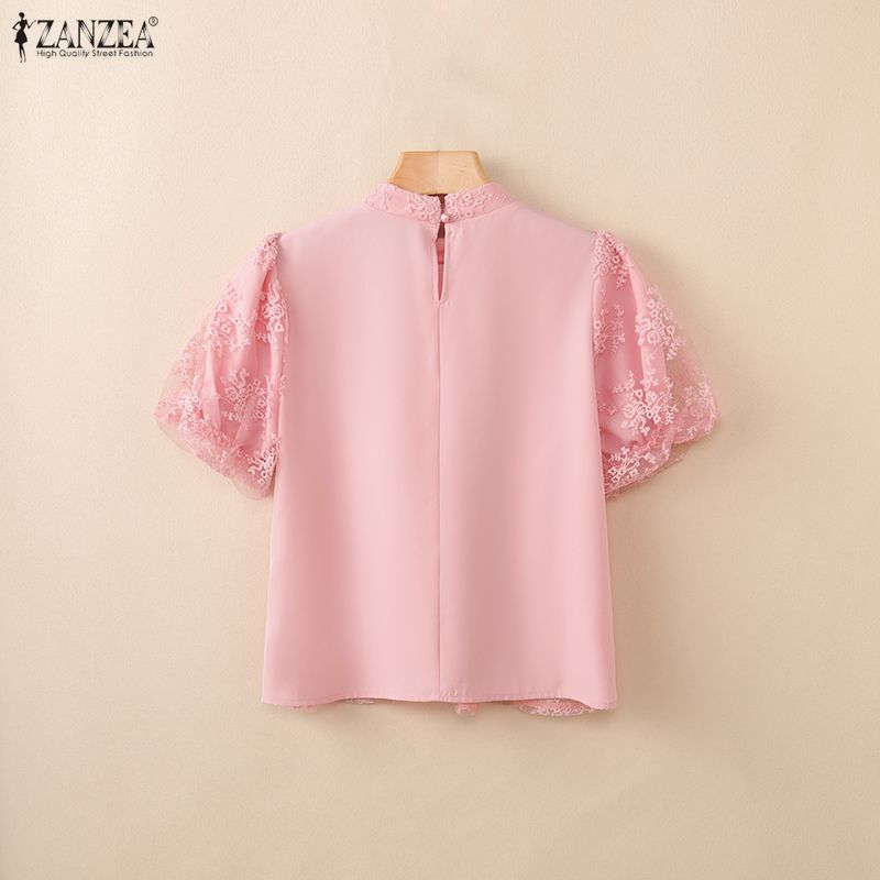 ZANZEA Women Stand Collar Loose Casual Lace Patchwork Short Sleeve Blouse