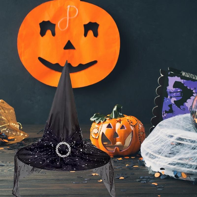 Witch Hat Sunglasses Gloves for Halloween Party Decorations Wizard Cap Photo Props Wide Brim Hat with Blingblign Veil