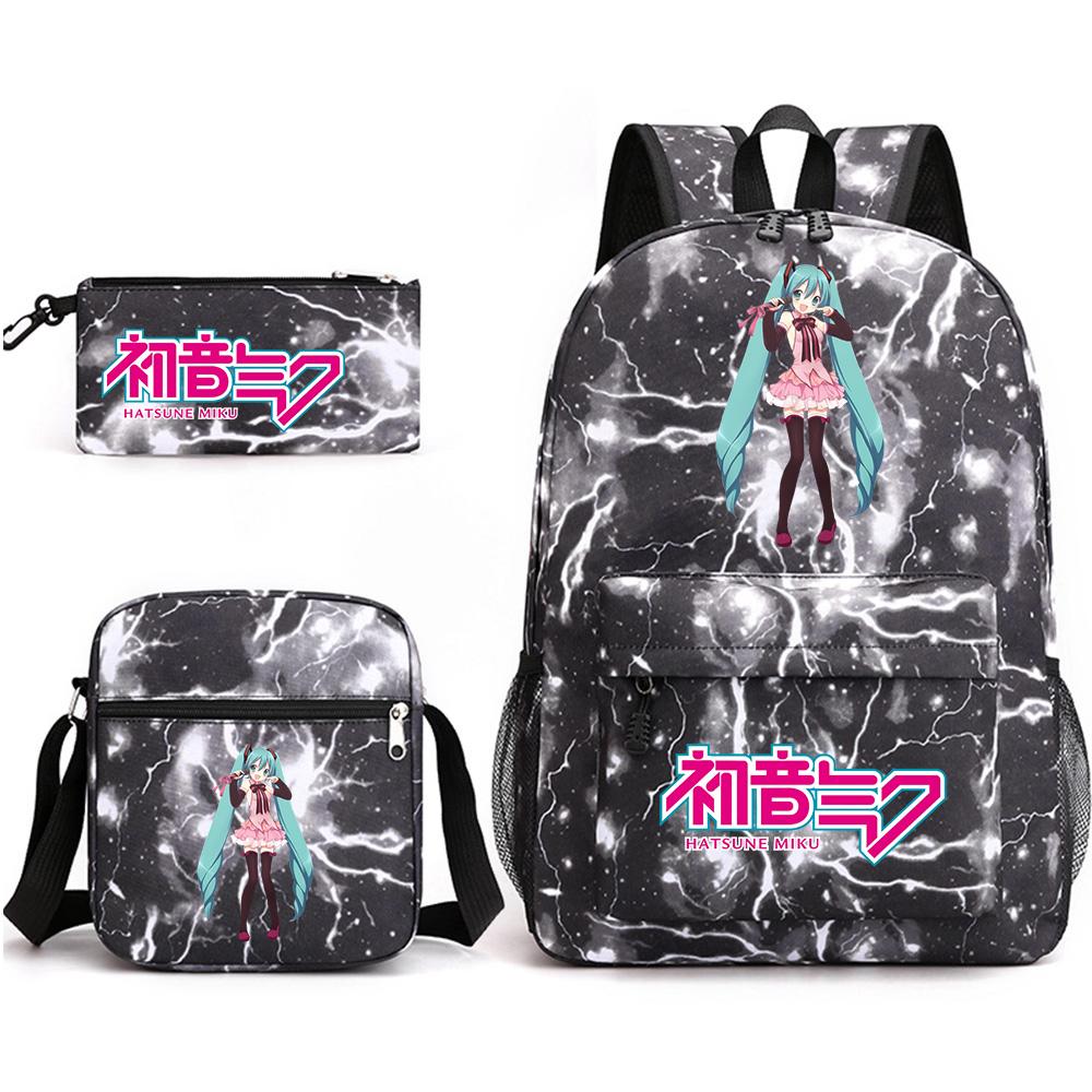 3Pcs/set Anime Cartoon Hatsune Miku Printed Backpack with Shoulder Bag Pencil Case for Teenager Student Boy Girl Large Capacity Waterproof School Bag