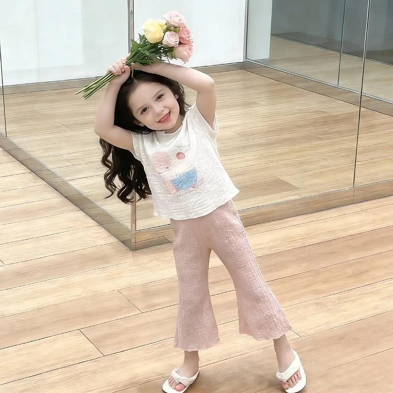 2025 Summer Girls' Bunny & Cat Print Bell Bottom Two-Piece Set