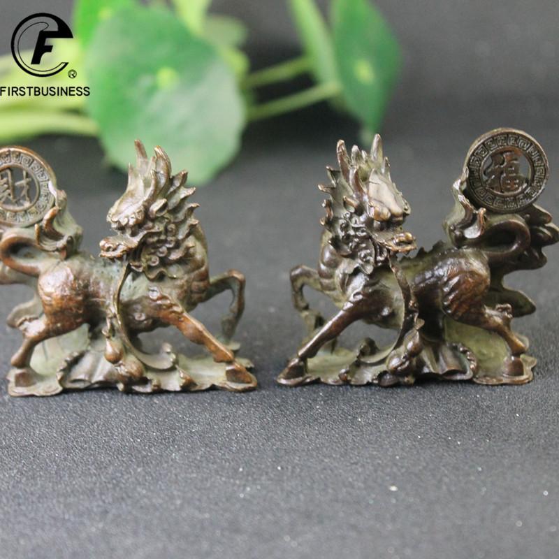 1 Pair Antique Copper Beast Kirin Statue Desktop Ornaments Retro Animal Figurines Feng Shui Home Decorations Crafts Accessories