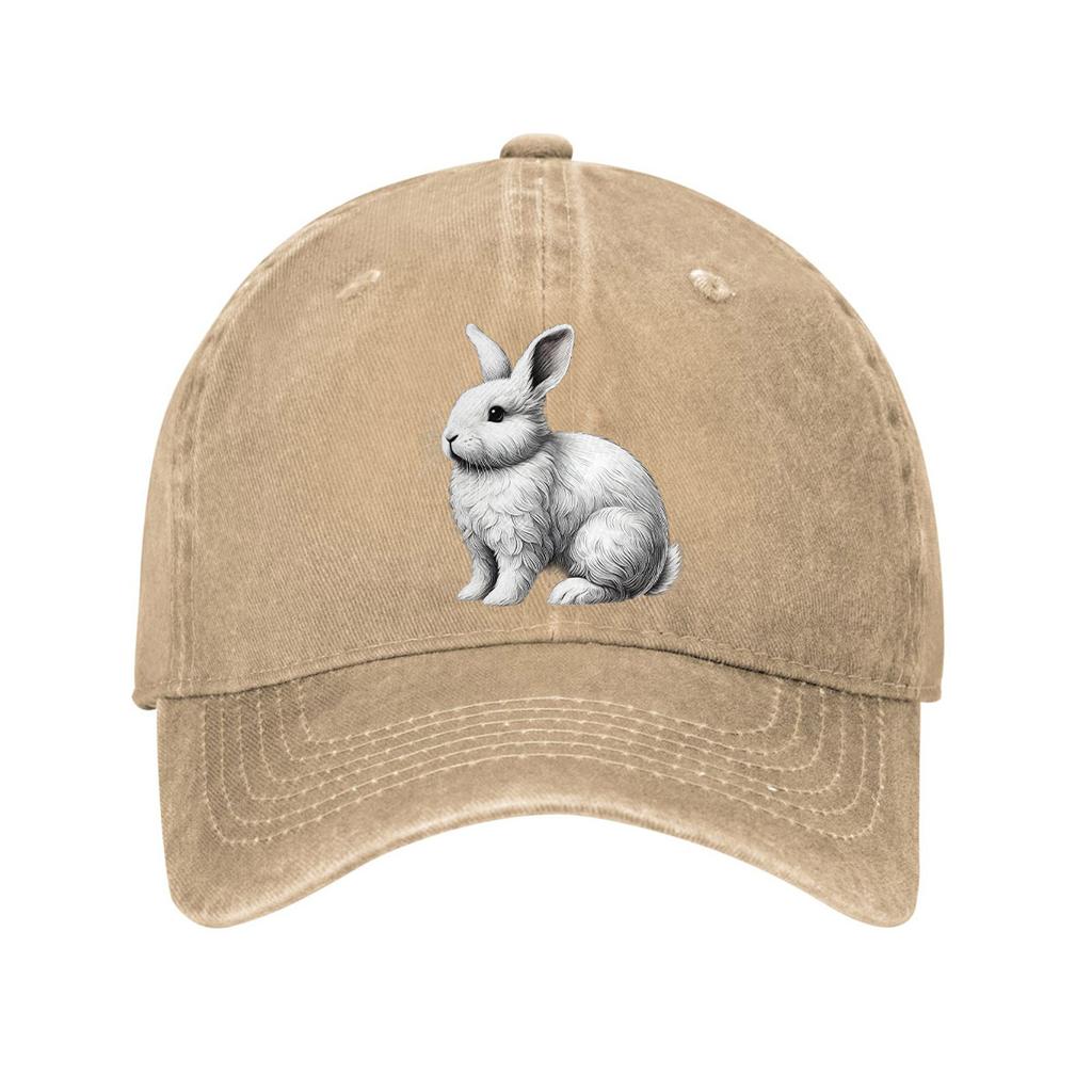 White Rabbit Graphic Baseball Cap Casual Cotton Adjustable Distressed Denim Outdoor Golf Hat