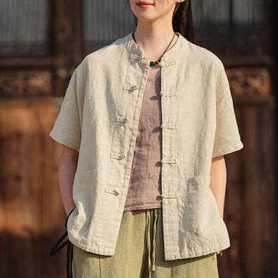 Women Vintage Stand Shirts Button Tops Summer Loose Pockets Solid Color Women Shirts Chinese Style