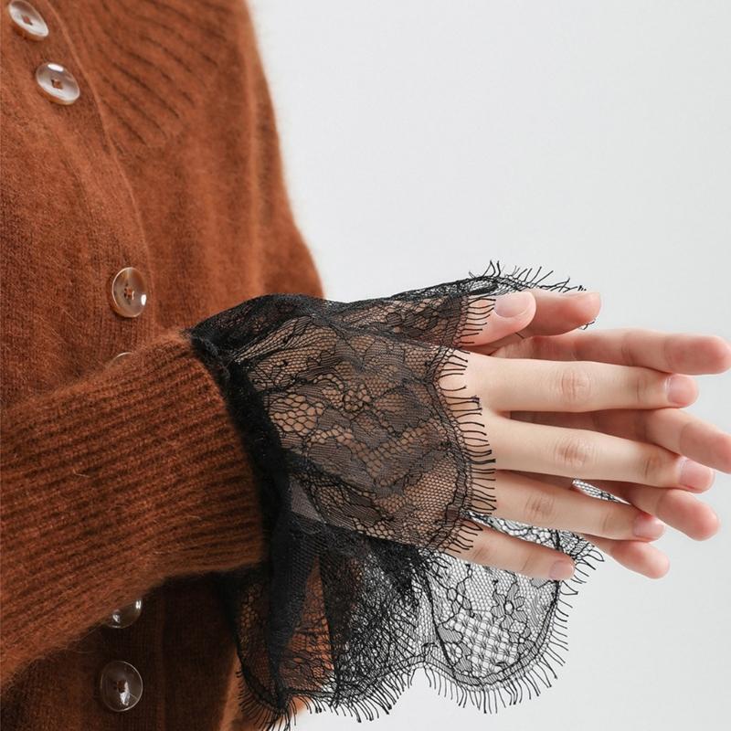 2Pairs Elegant Arm Sleeves With Lace Flower Elastic Wrist Cuffs Extension Faux Sleeves For Office Women Dress Enhancer