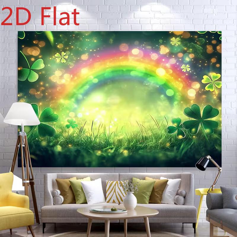 2D St. Patrick's Day Backdrop, Green Clover & Glitter Rainbow Photography Banner
