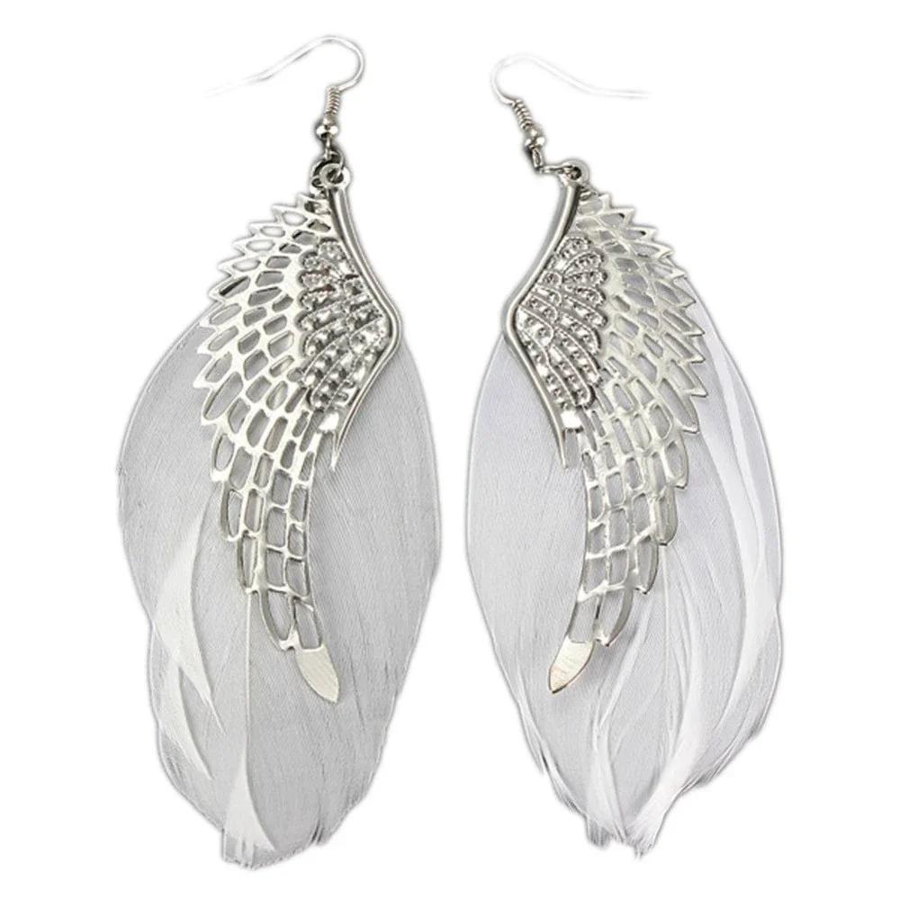Fashion Silver Plated Angel Wings Earring White Feather Drop Earrings for Women