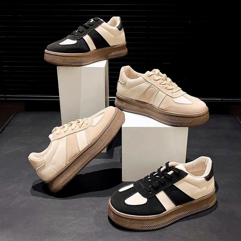 2024 Schuhe Damen PU Damen Vulkanisierte Schuhe Outdoor Damen Sneaker Gemischte Farbe Runde Zehenpartie Schnürung Niedriger Absatz Damen Freizeitschuhe
