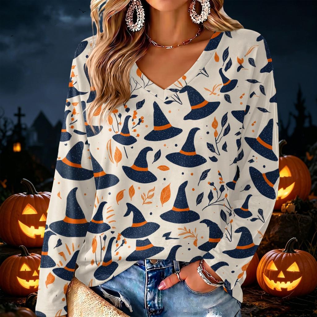 Women's V-Neck Long Sleeve Halloween Print Lightweight Blouse for Fall Parties and Everyday Wear