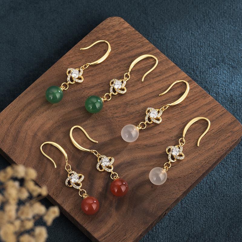 

24K Gold-Plated Court Style Chalcedony & Crystal Four-Leaf Clover Earrings