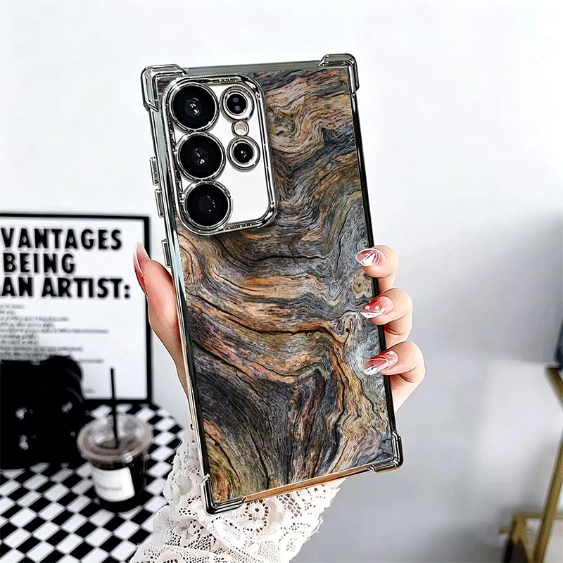 Vintage Wood Grain Pattern Plating Phone Case For Samsung Galaxy S24 S25 FE S26 Edge S23 Ultra S22 S21 Plus S20 Anti-Fall Airaba