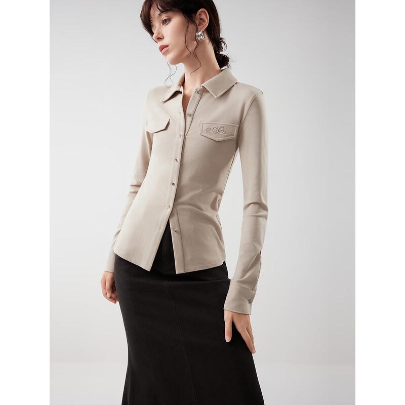 ELLE Women's Merino Wool Blend Collared Long-Sleeve Top