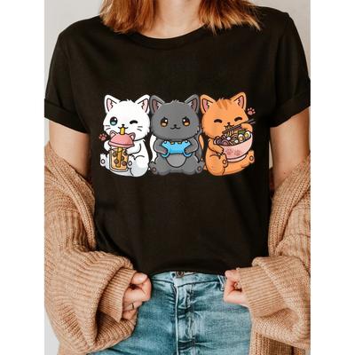 Blusa Casual para Verão e Primavera Roupa Feminina Três Gatos Cartoon Estampa de Letras da Moda Manga Gola Redonda