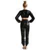 Waterproof Vinyl Long Sleeve Crop Top and Elastic Waist Capri Pants Set with Back Zipper Side Drawstrings for Women Fitness Workout