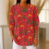 Women's Fashionable Button Collar Long-sleeved Christmas Print Pullover Top