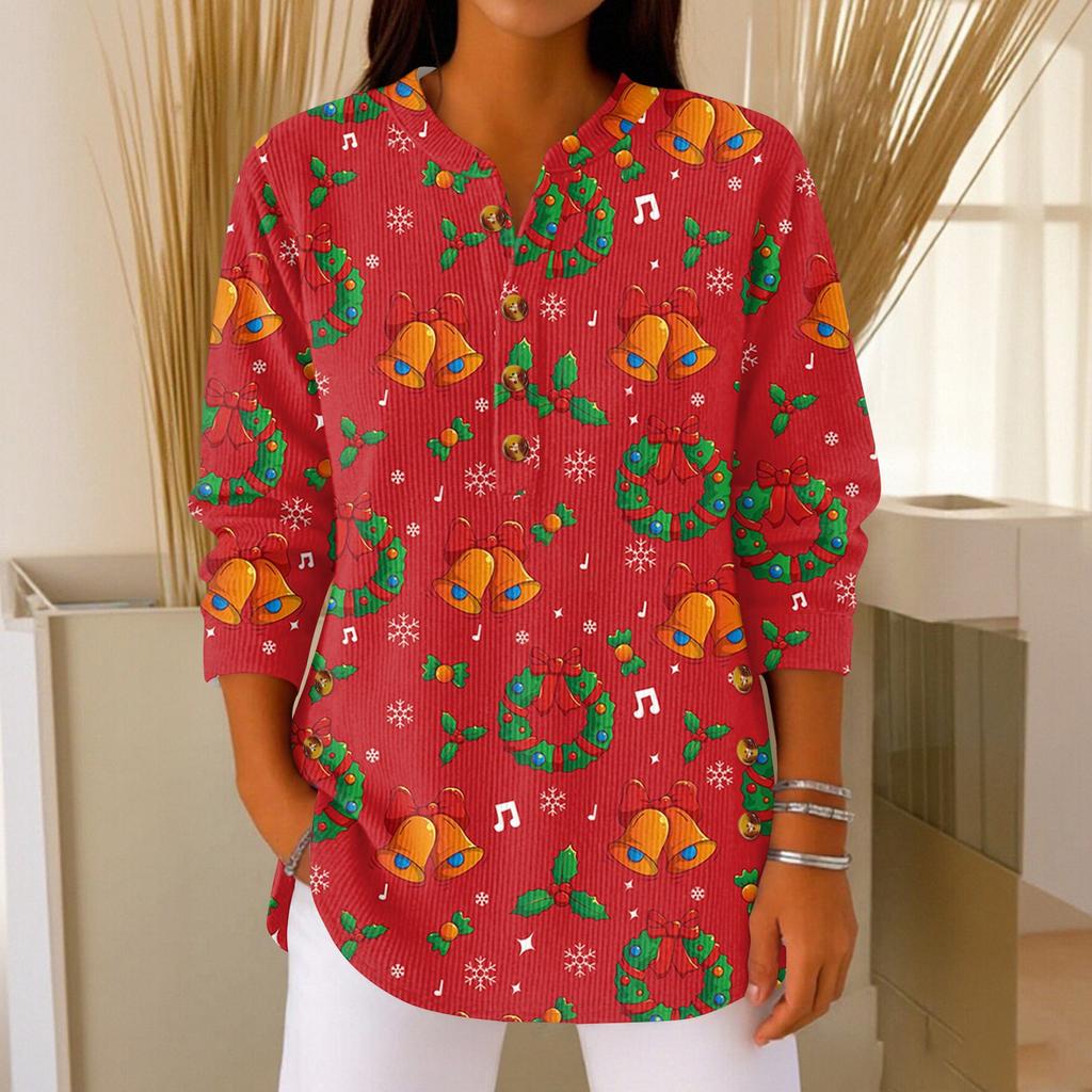 Women's Fashionable Button Collar Long-sleeved Christmas Print Pullover Top
