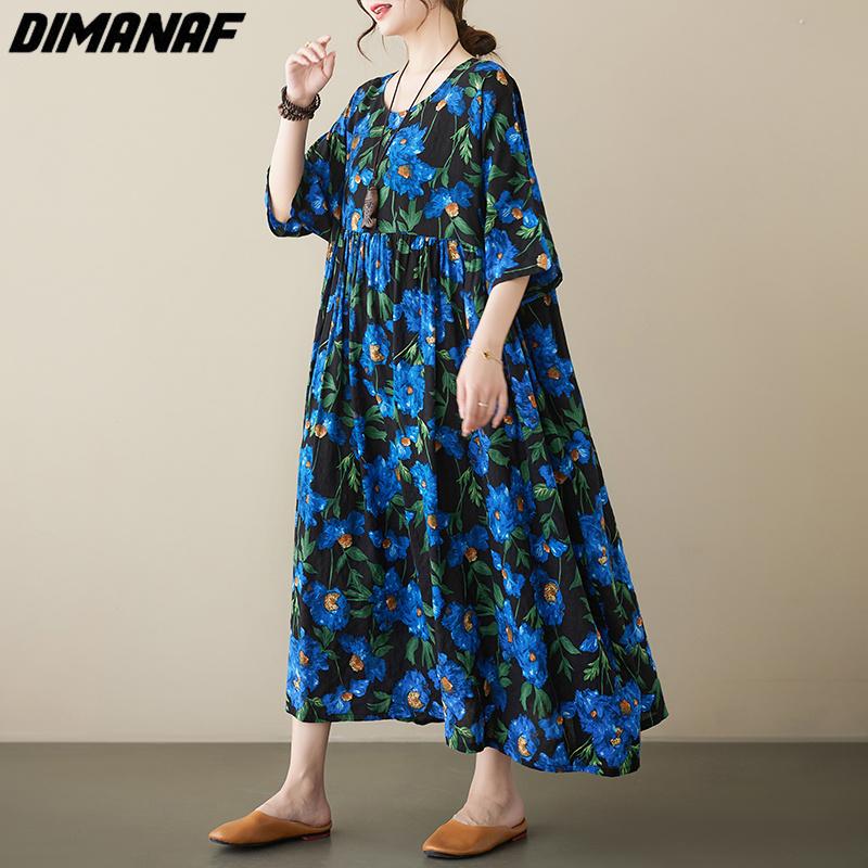 DIMANAF Plus Size Women 2023 Dress New Summer Style Loose Dress Basic Floral Dresses New Yellow