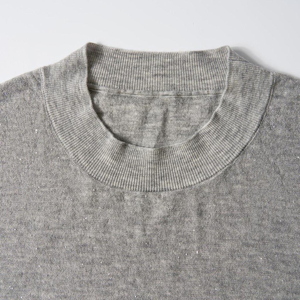 Northern Deer 2026 Summer Sequin Wool Knit Top - Short Sleeve, Round Neck, Elegant Style