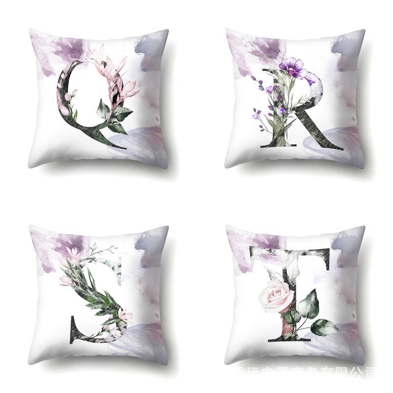 Polyester Pillowcase Home Watercolor Flower Print Pillowcase 26 English Letters Bedside Cushion Cover