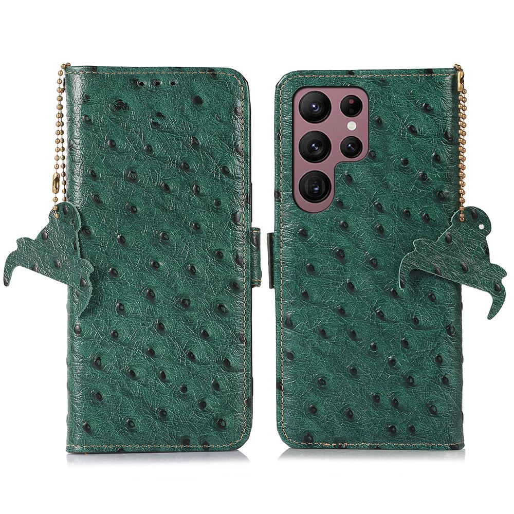 

For Samsung Galaxy S25 Ultra Case RFID Blocking Genuine Cow Leather Phone Case Ostrich Texture Green