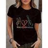 European Sizes Women'S Casual Graphic T-Shirt - Short Sleeve, Crew Neck, Black with Colorful Peace, Love, Ukulele Design, Perfect for Spring & Summer