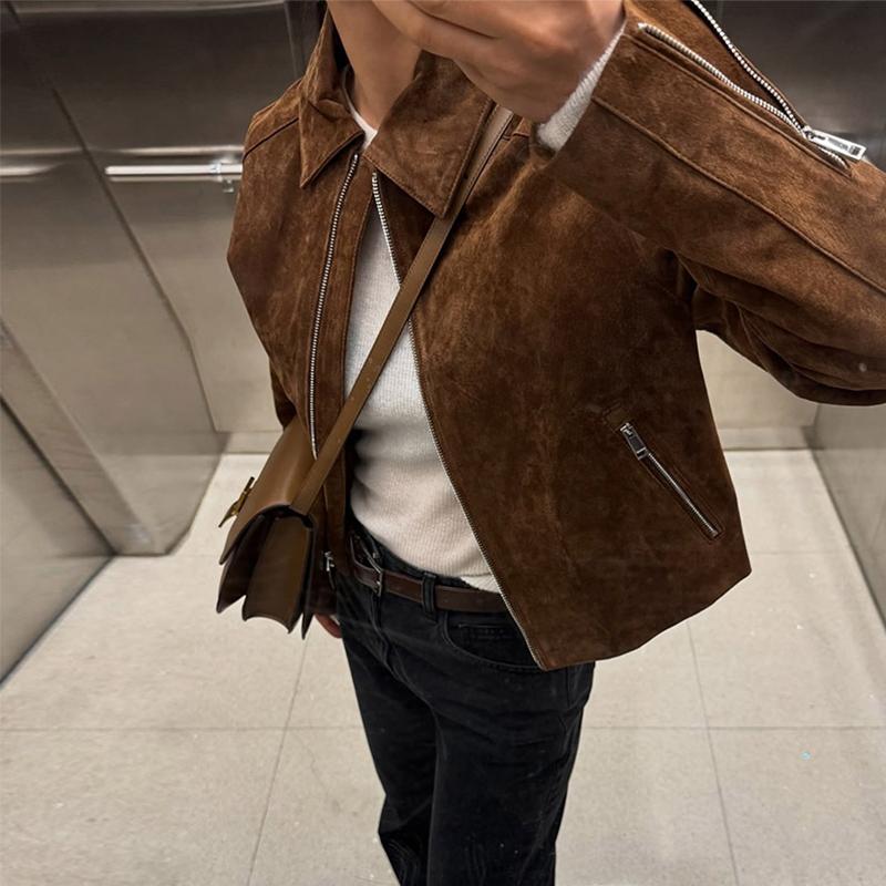 Turndown Collar Zipper Long Sleeve Brown Suede Jacket Windproof Warm Women's Retro Short Jacket Spring and Autumn