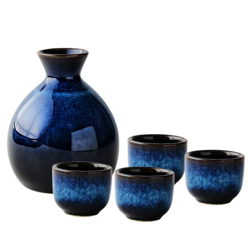 Japanese Sake Set Ceramic Blue Wine Cup Pot Tableware Retro Home Shochu Pot 1 Pot 4 Cups Set Tableware Barware Accessories