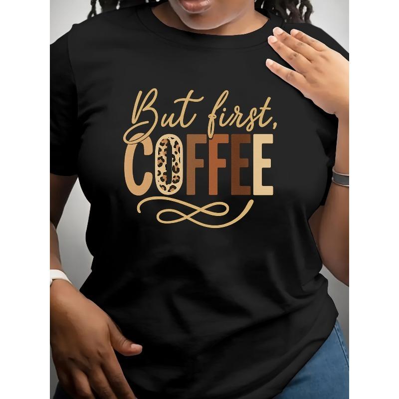 

European Size But First, Coffee T-Shirt - Leopard Print O & Bold Coffee Lettering, Casual Round Neck Short Sleeve Top Suitable for Daily Wear 4XL чорний
