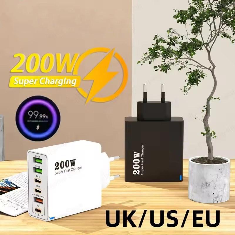 200W Super Fast Charging 6 Port USB C Charger PD3.0 USB C Type C Mobile Phone Charger For iPhone 16 Samsung ipad