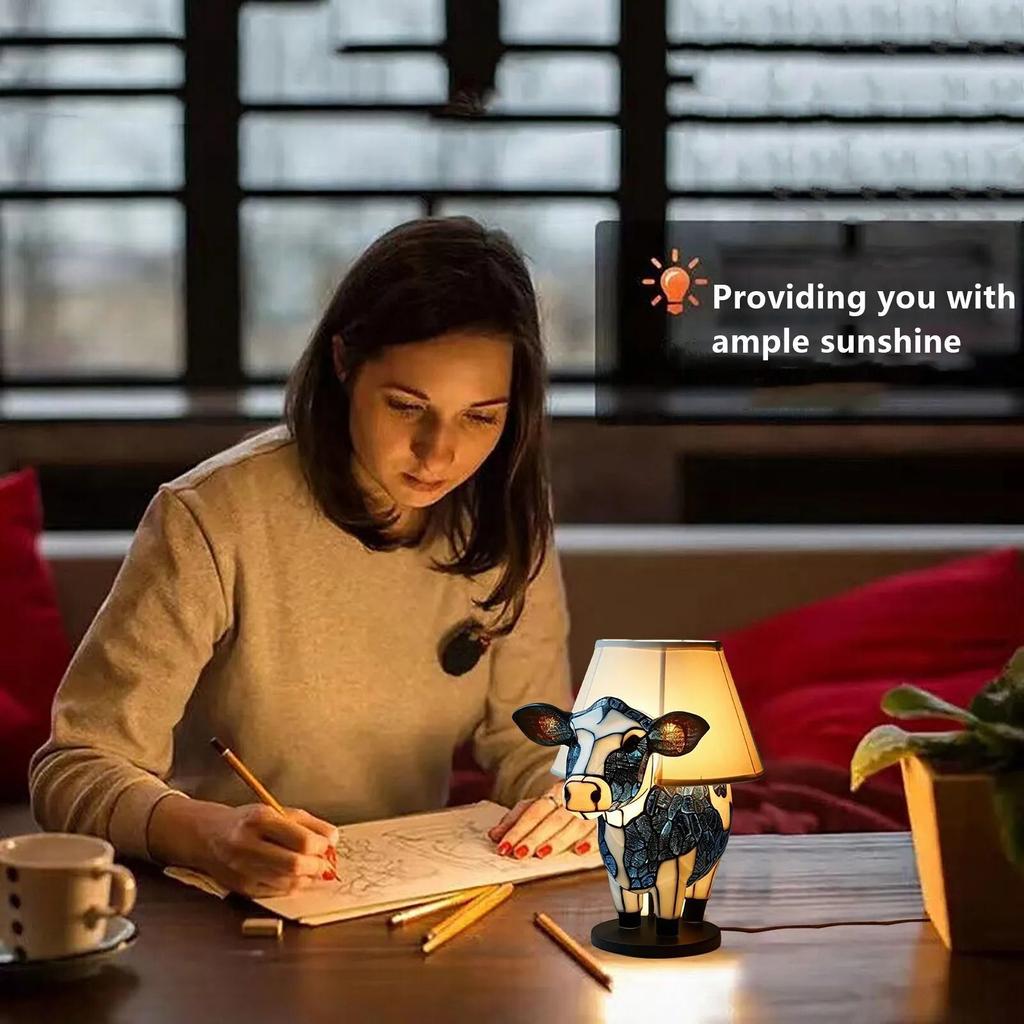 Tischlampe mit Tiermotiv, Kuh-Dekor, Nachttischlampe mit USB-A+C-Anschlüssen, beleuchtete Kuh-Schreibtischlampe für Wohnzimmer, Tischlampe für Schlafsaal und Büro