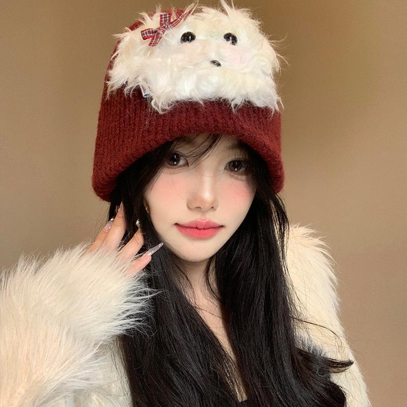 Cute Blush Plush Puppy Red Woolen Hat for Women Autumn and Winter Warm Pullover Hat Versatile Hat Trendy